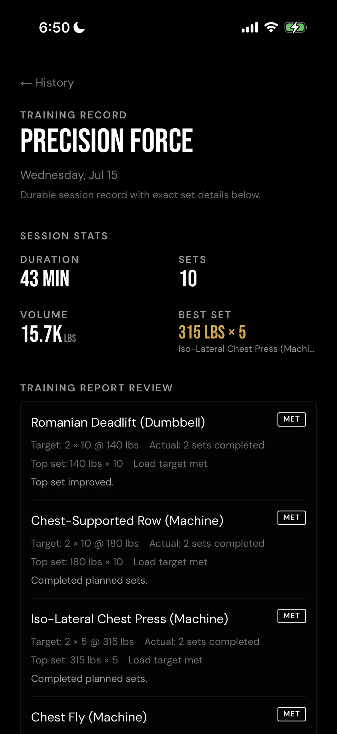 SelfTrainer PWA completed training record showing session duration, sets, volume, best set, and exercise-by-exercise target and actual results.