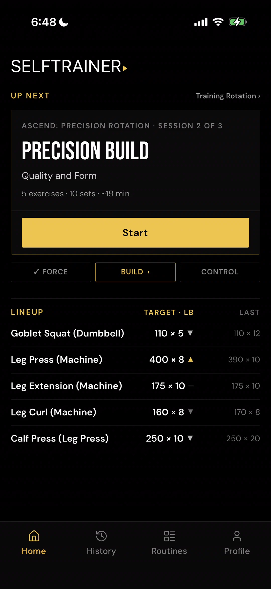 SelfTrainer home screen showing the next session in the selected training rotation.