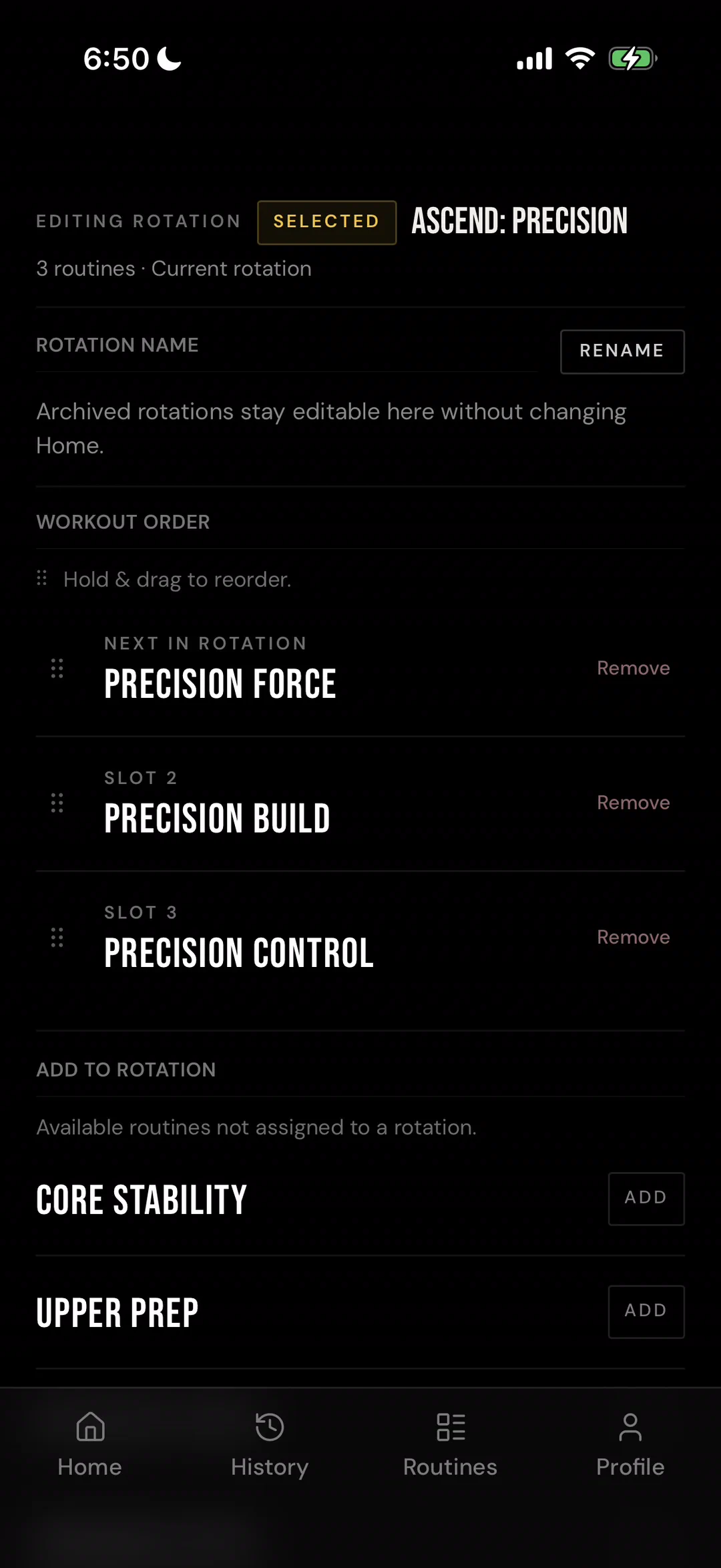 SelfTrainer PWA rotation editor showing Ascend: Precision, the next routine, two following slots, drag controls, and routines available to add.