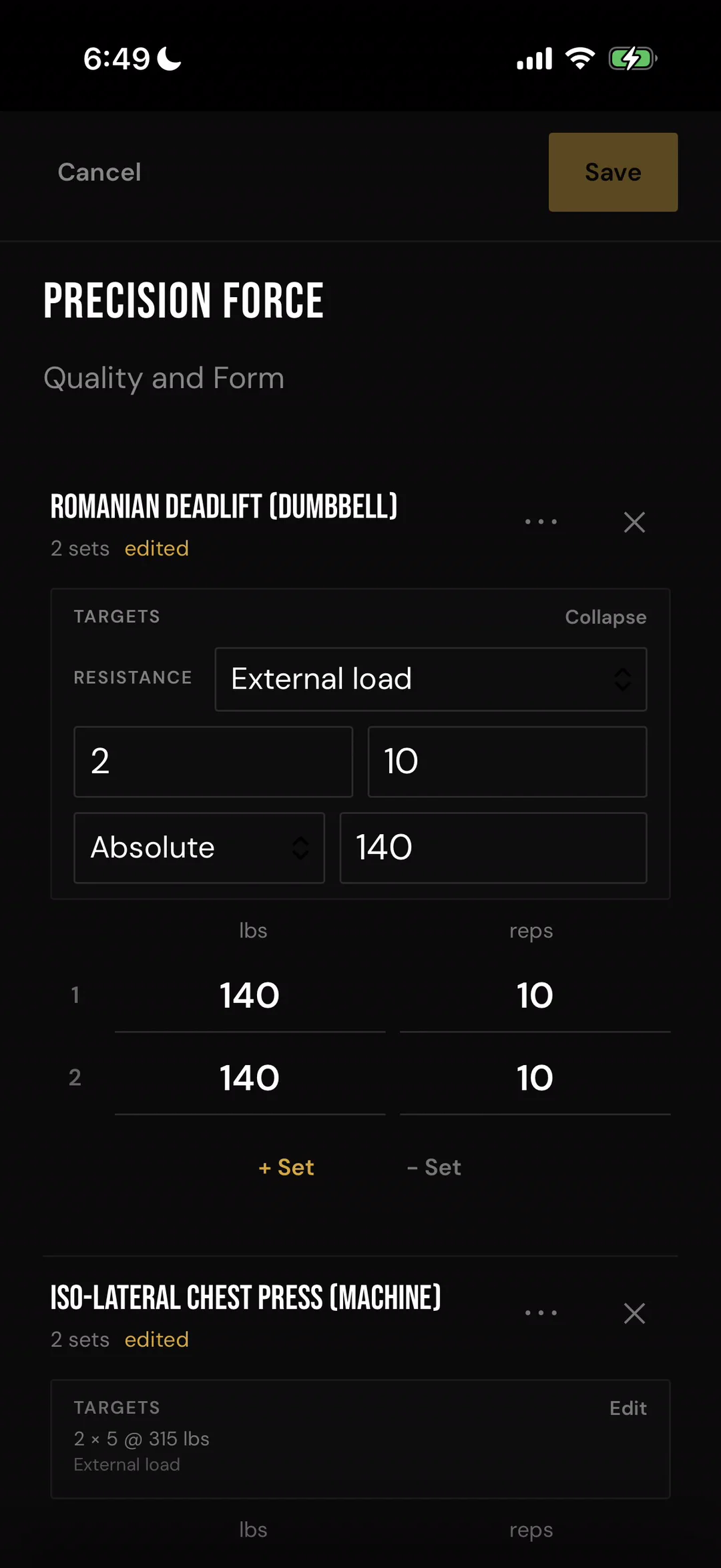 SelfTrainer PWA routine editor showing Precision Force, with resistance, set, rep, load, and executable-set controls for two exercises.
