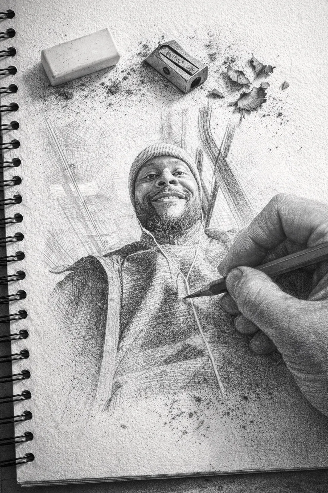 A pencil-sketch portrait of a smiling man in a knit cap on a spiral-bound sketchbook, with a drawing hand, eraser, sharpener and pencil shavings.