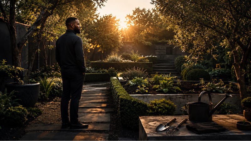 Man standing in a garden at sunset near raised beds and a watering can.