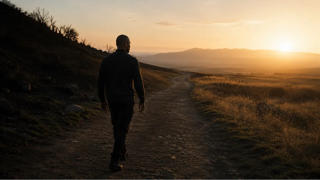 A person walking a winding path through hills in warm low sunlight.