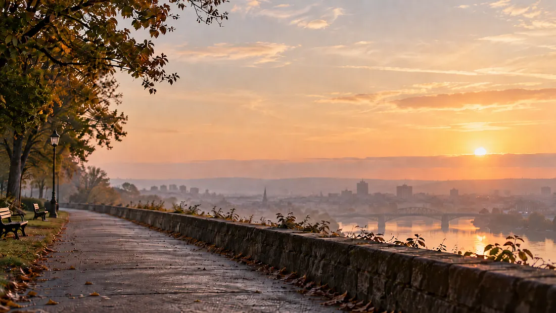 A tree-lined riverside path with benches overlooking a bridge and city in warm low sunlight.