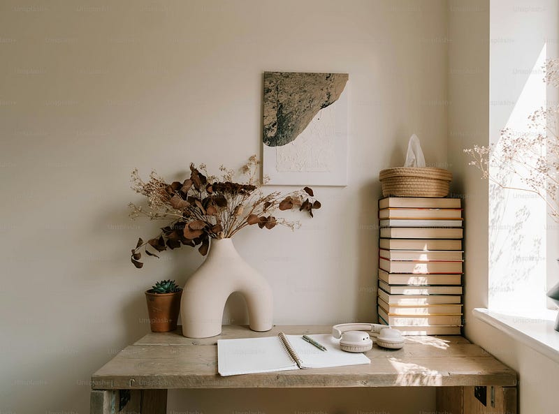 Sunlit desk with dried flowers, a stack of books, an open notebook, and headphones.