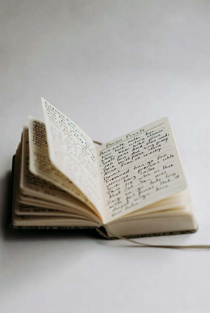 Open handwritten notebook against a pale background.